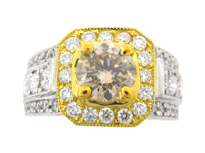 14KT TWO-TONE GOLD,  RD 1.17CTW, CTR CHAMPAGNE 1.03CT